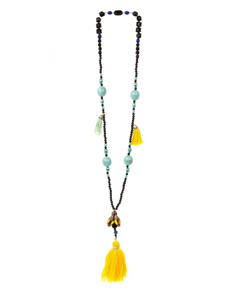 SAUTOIR LOT OF LOVE TURQUOISE ET JAUNE PONPOMS 