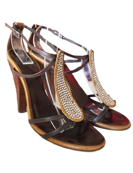 CHAUSSURES GIUSEPPE ZANOTTI MARRON CUIR SANDALES STRASS T.37